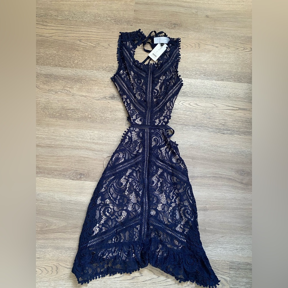 Mini Navy Lace Dress with Open Back